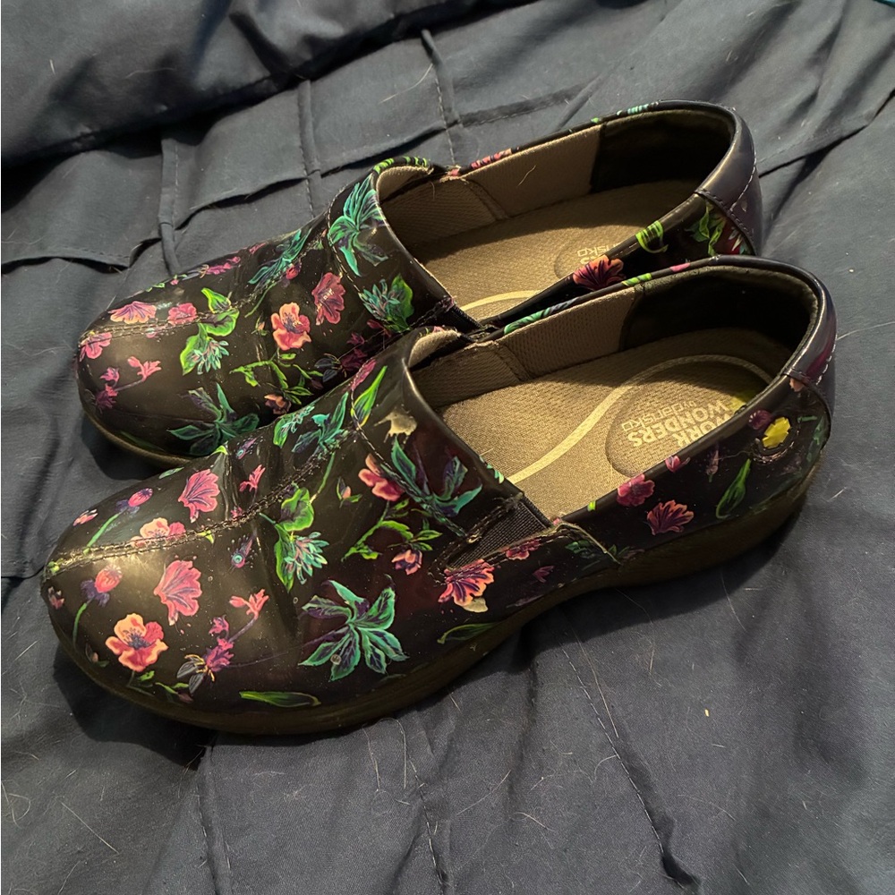 Dansko Black Mules Floral Comfort Clogs